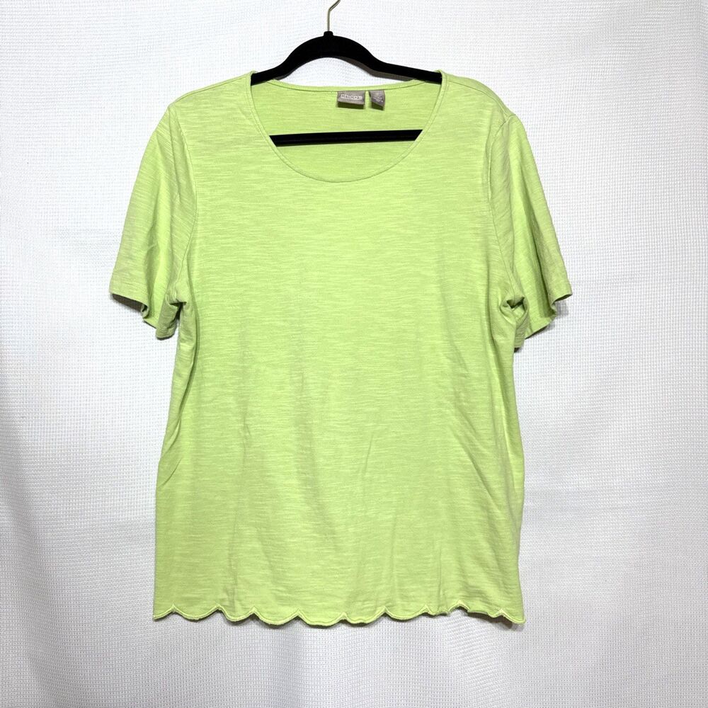 CHICOS Knit Top Lime Green Short Sleeve Scalloped Hem - Size 2